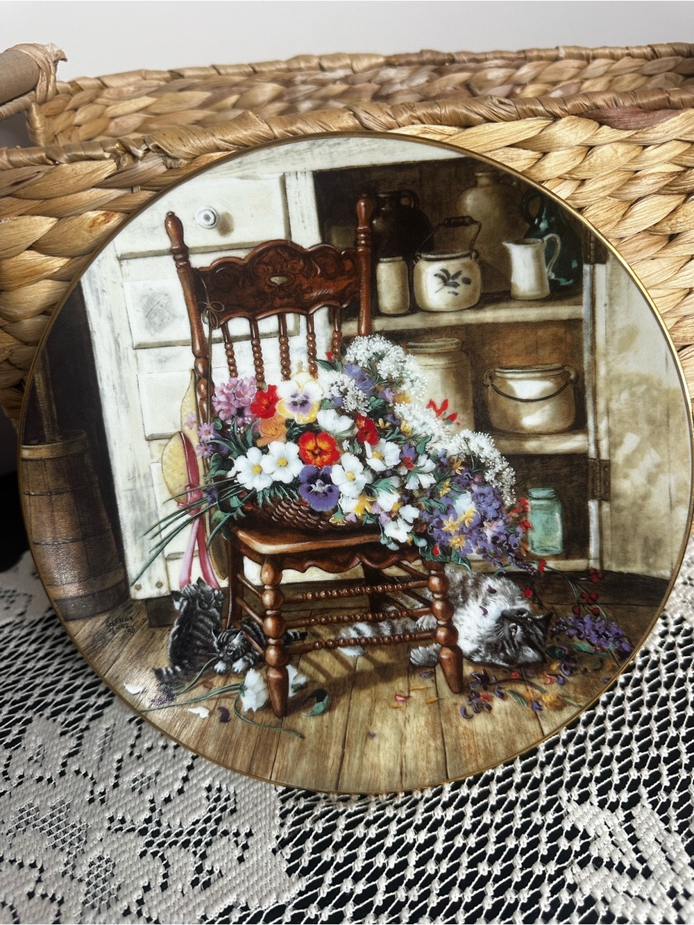 Floral Bouquet on Wooden Chair Decorative Plate - Multicolor
